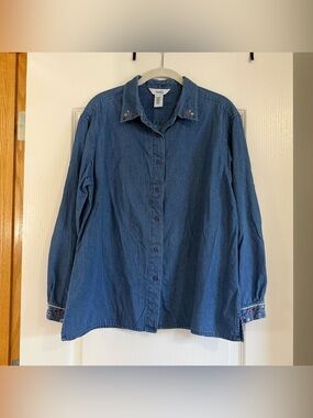 Northern Reflections Embroidered Denim Button-Up Shirt - Blue